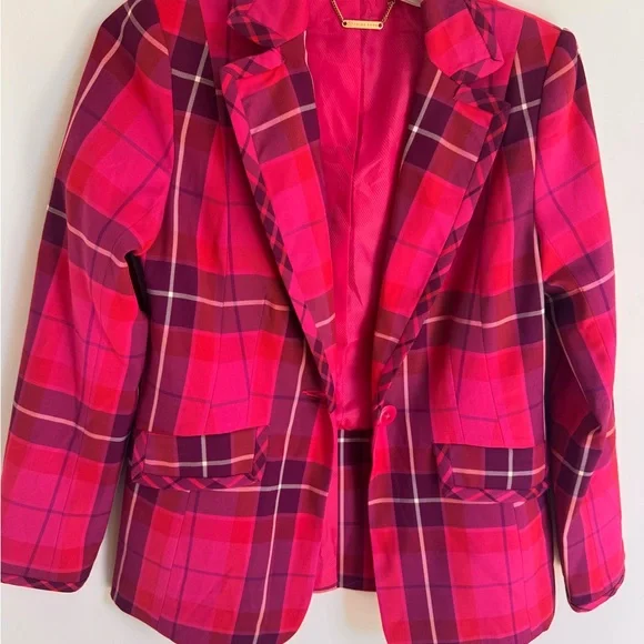 Trina Turk Pink and Red Blazer Structured Plaid Jacket 6 - Picture 1 of 7